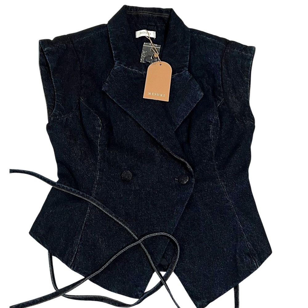 NWT MESHKI‎ Charley Structured Tie Denim Vest Indigo Blue Sleeveless Women's L